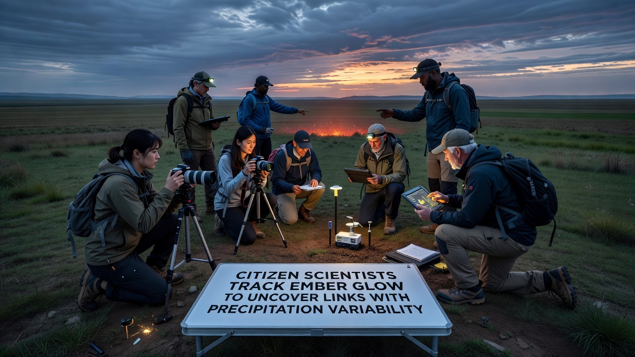 Group of volunteers reviewing precipitation charts and glow observation logs on a tablet during an outdoor data session