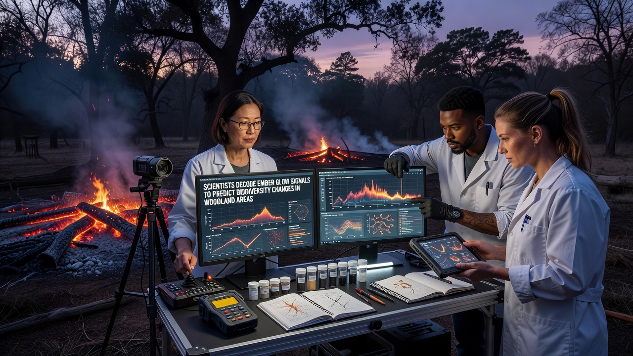 Close-up view of ember glow instrumentation deployed among tree roots and leaf litter